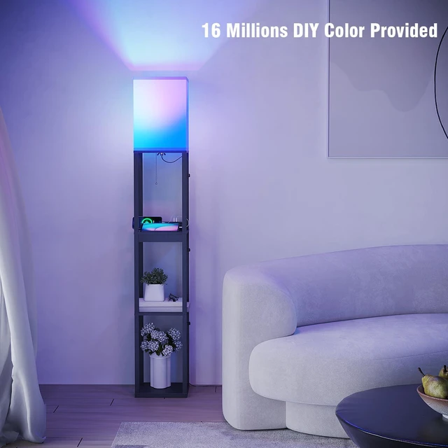 Alt view image 4 of 6 - RGB Floor Lamp with Shelves, Solid Wood Shelf Lamps for Living Room Smart APP RGB Bulb, 1 Drawer & 2 USB Ports & 2 Power Outlet, Modern Standing Lamp, Corner Tall Bookshelf for Bedroom