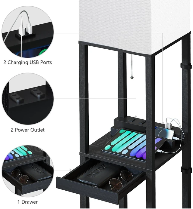 Alt view image 5 of 6 - RGB Floor Lamp with Shelves, Solid Wood Shelf Lamps for Living Room Smart APP RGB Bulb, 1 Drawer & 2 USB Ports & 2 Power Outlet, Modern Standing Lamp, Corner Tall Bookshelf for Bedroom