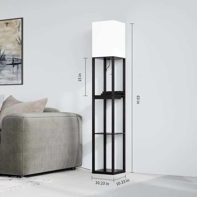 Alt view image 6 of 6 - RGB Floor Lamp with Shelves, Solid Wood Shelf Lamps for Living Room Smart APP RGB Bulb, 1 Drawer & 2 USB Ports & 2 Power Outlet, Modern Standing Lamp, Corner Tall Bookshelf for Bedroom