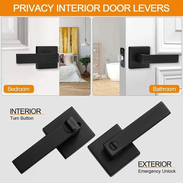 Alt view image 2 of 6 - 6 Pack Black Door Handles Privacy Door Levers, Keyless Interior Door Knobs Square Matte Black Door Levers Heavy Duty Door Locks for Bedroom Bathroom, Reversible Flat Levers