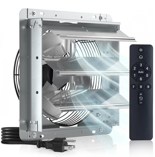 Main image of 12" Shutter Exhaust Fan, Remote 9-Speed 25W DC Motor, 1200 CFM Energy-Efficient Wall Mount Ventilation Fan, Garage, Greenhouse, Attic, Chicken Coop, Plug&Play 8-Hr Timer, 3-Year Protection