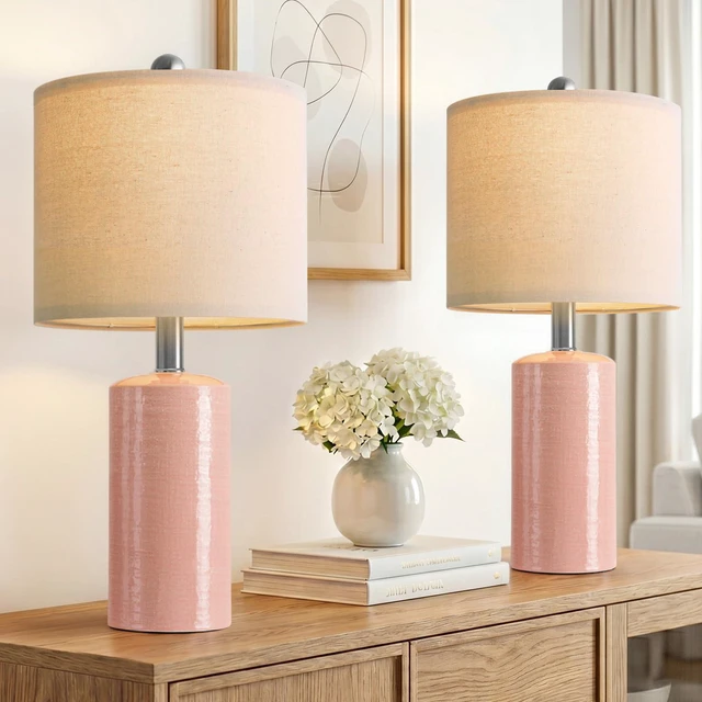 Main image of Small Table Lamps Set of 2 for Living Room 20.25" Pink Lamps Bedside Lamps Ceramic Lamps for Night Stands, Table Lamps for Bedroom, Mid Century Modern Boho Farmhouse Nightstand Nursery Side Table Lamp