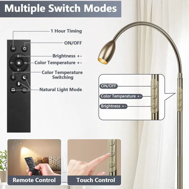 Alt view image 6 of 7 - Reading Floor Lamp, 72" LED Dimmable Lamp with Gooseneck,Zoomable Spotlight Adjustable Color Beam Standing Lamp, Touch & Remote Control, Task Craft, Sewing, Bedroom Living Room, Office, Bronze