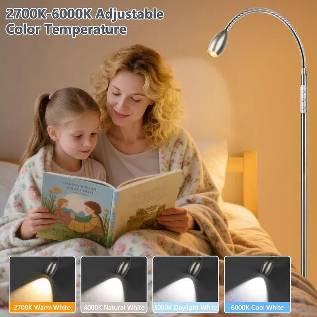 Alt view image 4 of 7 - Reading Floor Lamp, 72" LED Dimmable Lamp with Gooseneck,Zoomable Spotlight Adjustable Color Beam Standing Lamp, Touch & Remote Control, Task Craft, Sewing, Bedroom Living Room, Office, Brushed Nicke