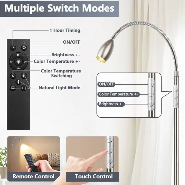 Alt view image 6 of 7 - Reading Floor Lamp, 72" LED Dimmable Lamp with Gooseneck,Zoomable Spotlight Adjustable Color Beam Standing Lamp, Touch & Remote Control, Task Craft, Sewing, Bedroom Living Room, Office, Brushed Nicke