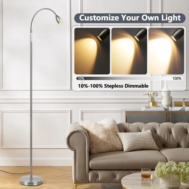 Alt view image 7 of 7 - Reading Floor Lamp, 72" LED Dimmable Lamp with Gooseneck,Zoomable Spotlight Adjustable Color Beam Standing Lamp, Touch & Remote Control, Task Craft, Sewing, Bedroom Living Room, Office, Brushed Nicke