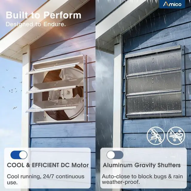 Alt view image 6 of 7 - 12" Shutter Exhaust Fan, Remote 9-Speed 25W DC Motor, 1200 CFM Energy-Efficient Wall Mount Ventilation Fan, Garage, Greenhouse, Attic, Chicken Coop, Plug&Play 8-Hr Timer, 3-Year Protection