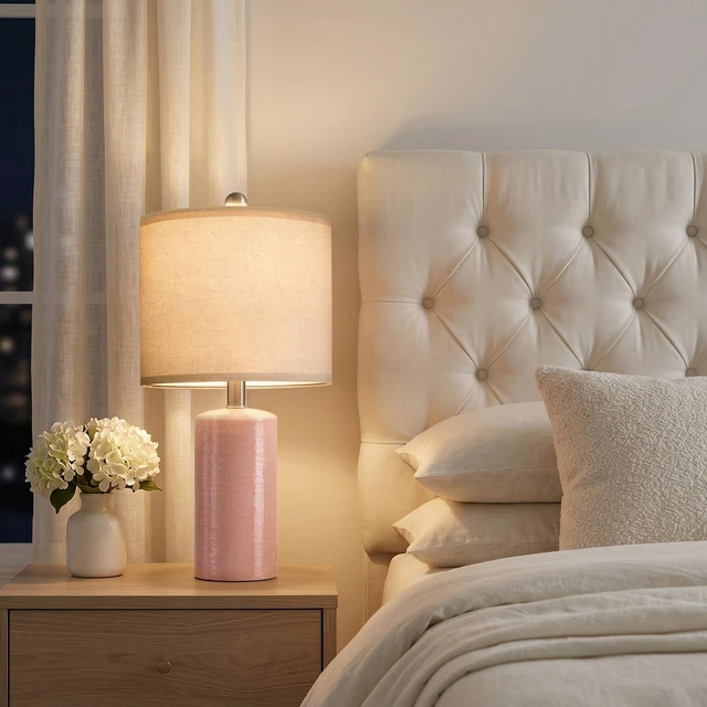 Alt view image 4 of 7 - Small Table Lamps Set of 2 for Living Room 20.25" Pink Lamps Bedside Lamps Ceramic Lamps for Night Stands, Table Lamps for Bedroom, Mid Century Modern Boho Farmhouse Nightstand Nursery Side Table Lamp