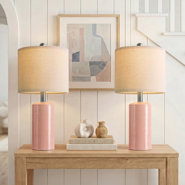 Alt view image 5 of 7 - Small Table Lamps Set of 2 for Living Room 20.25" Pink Lamps Bedside Lamps Ceramic Lamps for Night Stands, Table Lamps for Bedroom, Mid Century Modern Boho Farmhouse Nightstand Nursery Side Table Lamp