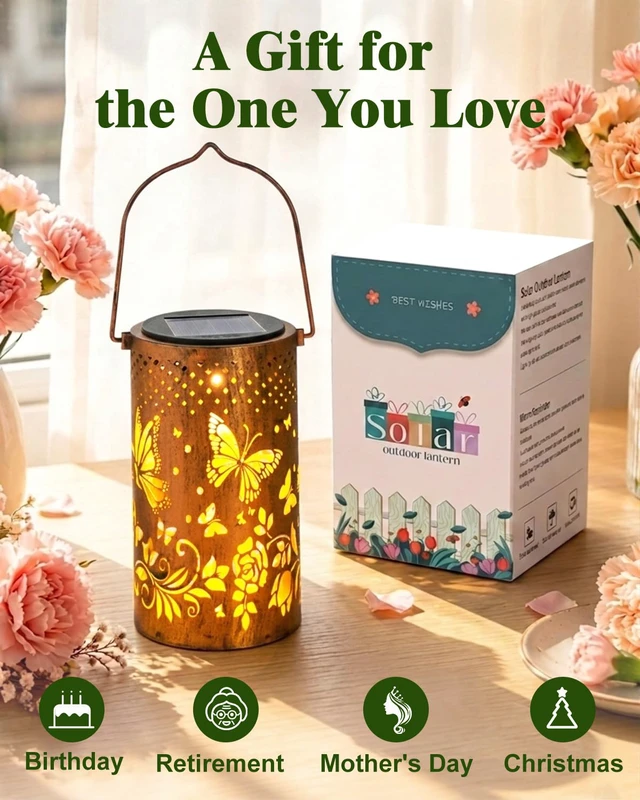 Alt view image 2 of 7 - Birthday Gifts for Women, Solar Lanterns, Butterfly, 1 Pack Solar Lanterns Outdoor Waterproof, Metal Hanging Lights, IP65 Waterproof, LED Decorative Lantern, Garden Decor, Gifts for Mom