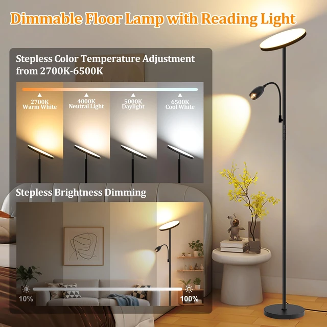 Alt view image 4 of 7 - Reading Floor Lamp, 72" Tall LED Lamp with Flexible Gooseneck, Dimmable Zoomable Spotlight, Adjustable Color Beam Torchiere Lamp, Touch & Remote Control, Task Craft Bedroom Living Room, Matte Black