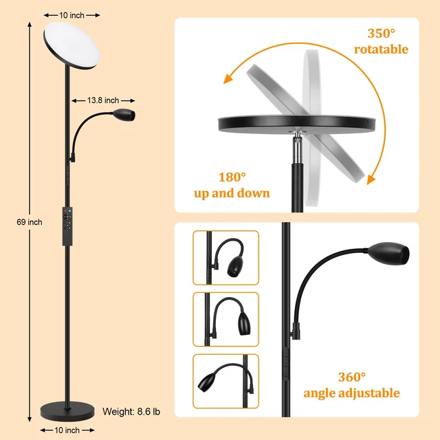 Alt view image 6 of 7 - Reading Floor Lamp, 72" Tall LED Lamp with Flexible Gooseneck, Dimmable Zoomable Spotlight, Adjustable Color Beam Torchiere Lamp, Touch & Remote Control, Task Craft Bedroom Living Room, Matte Black