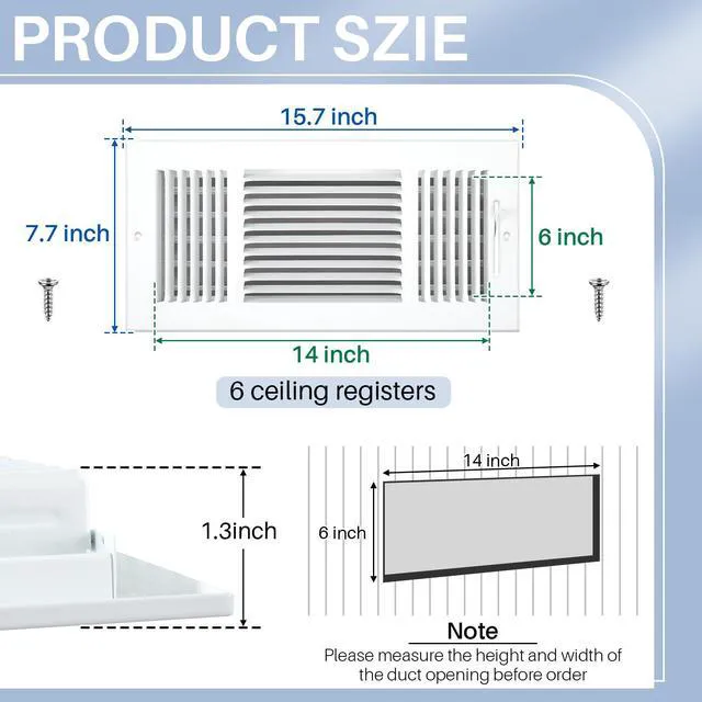 Alt view image 2 of 7 - 6 Pack Wall Vent Covers Interior Size 14 X 6 Inch, White Steel 3 Way Adjustable Air Flow, Steel Construction for Ceiling Sidewall Bathroom Office HVAC, Durable Register Grilles