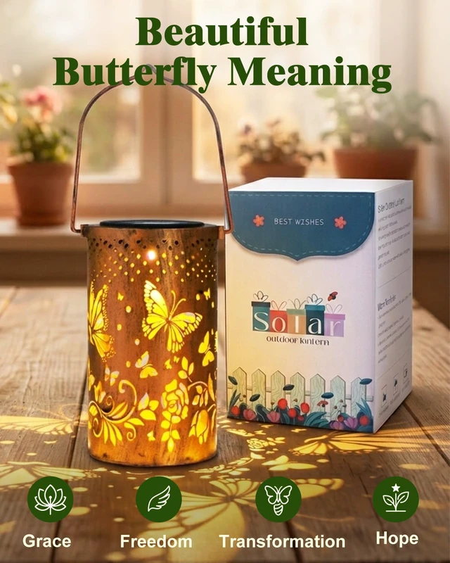 Alt view image 7 of 7 - Birthday Gifts for Women, Solar Lanterns, Butterfly, 1 Pack Solar Lanterns Outdoor Waterproof, Metal Hanging Lights, IP65 Waterproof, LED Decorative Lantern, Garden Decor, Gifts for Mom