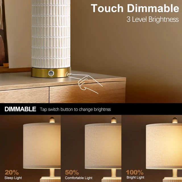 Alt view image 3 of 7 - Touch Bedside Table Lamps with 2 USB for Bedroom Living Room, 25'' Nightstand lamps Set of 2, 3 way dimmable with 2 bulbs, durable white ceramic, farmhouse & modern style for side table