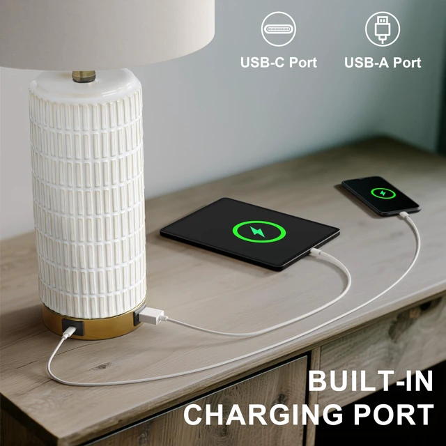 Alt view image 4 of 7 - Touch Bedside Table Lamps with 2 USB for Bedroom Living Room, 25'' Nightstand lamps Set of 2, 3 way dimmable with 2 bulbs, durable white ceramic, farmhouse & modern style for side table