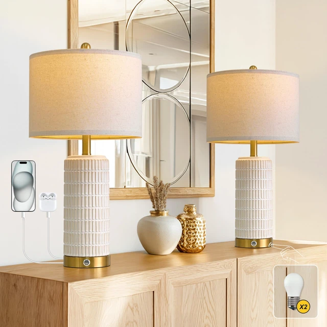 Main image of Touch Bedside Table Lamps with 2 USB for Bedroom Living Room, 25'' Nightstand lamps Set of 2, 3 way dimmable with 2 bulbs, durable white ceramic, farmhouse & modern style for side table