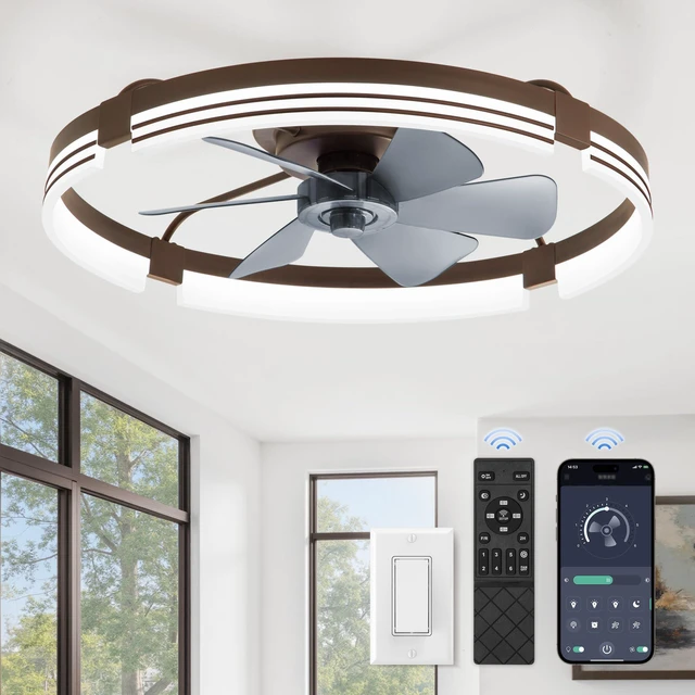 Main image of Low Profile Ceiling Fans with Lights and Remote, 24" Brown 3000K-6000K Dimmable Fandelier LED, Flush Mount, 6 Wind Speeds, Reversible, Timer, Bedroom, Living Room, Kitchen, Kids Room