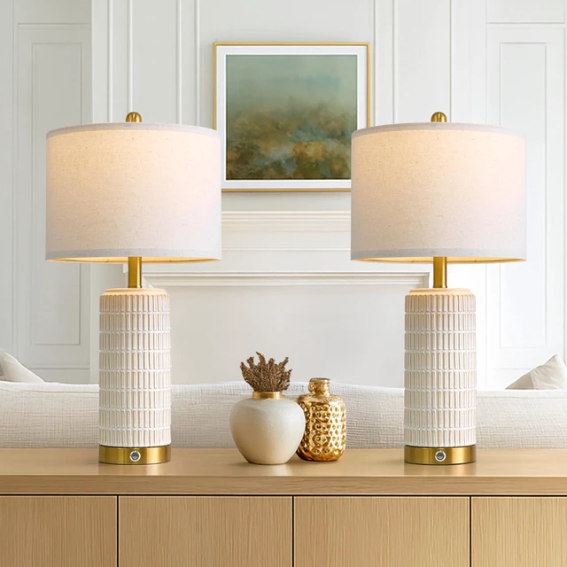 Alt view image 6 of 7 - Touch Bedside Table Lamps with 2 USB for Bedroom Living Room, 25'' Nightstand lamps Set of 2, 3 way dimmable with 2 bulbs, durable white ceramic, farmhouse & modern style for side table