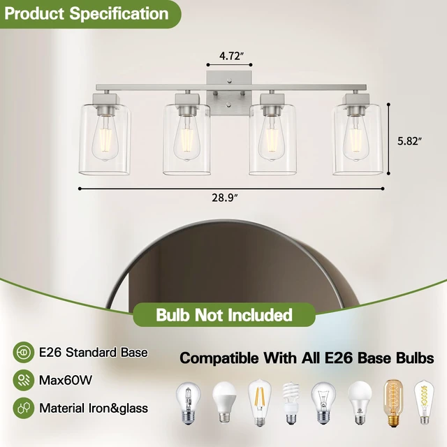 Alt view image 2 of 7 - 4 Light Bathroom Vanity Light - Brush Nickel Matte Vanity Lights Square Design & UL Certification & Square 26 Silver Bathroom Lights Fixture Over Mirror, Brush Nickel Light for Bedroom