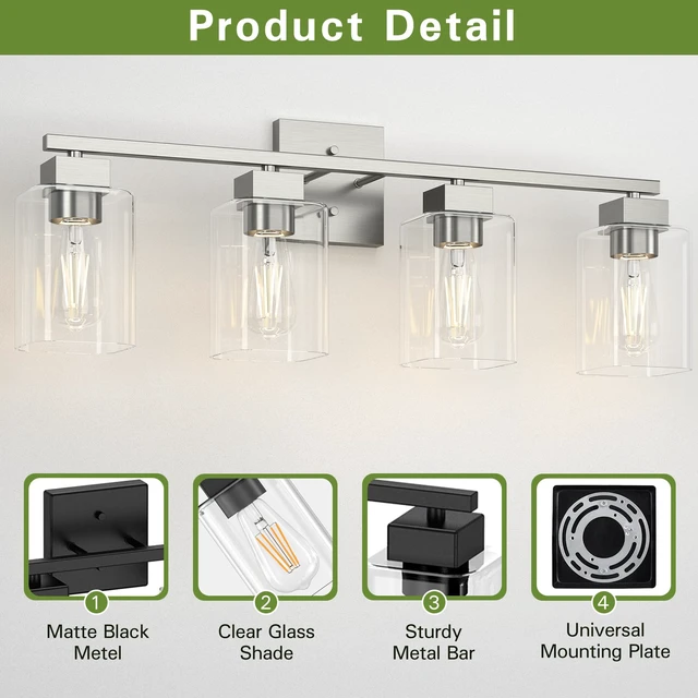Alt view image 3 of 7 - 4 Light Bathroom Vanity Light - Brush Nickel Matte Vanity Lights Square Design & UL Certification & Square 26 Silver Bathroom Lights Fixture Over Mirror, Brush Nickel Light for Bedroom