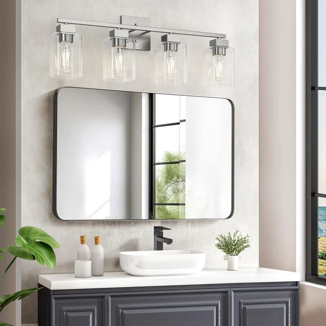 Alt view image 7 of 7 - 4 Light Bathroom Vanity Light - Brush Nickel Matte Vanity Lights Square Design & UL Certification & Square 26 Silver Bathroom Lights Fixture Over Mirror, Brush Nickel Light for Bedroom