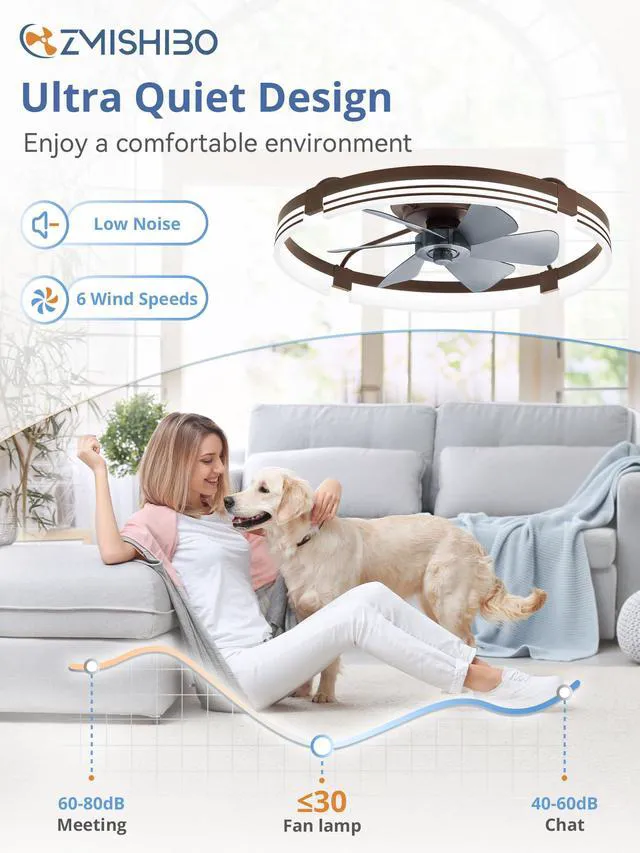 Alt view image 4 of 7 - Low Profile Ceiling Fans with Lights and Remote, 24" Brown 3000K-6000K Dimmable Fandelier LED, Flush Mount, 6 Wind Speeds, Reversible, Timer, Bedroom, Living Room, Kitchen, Kids Room