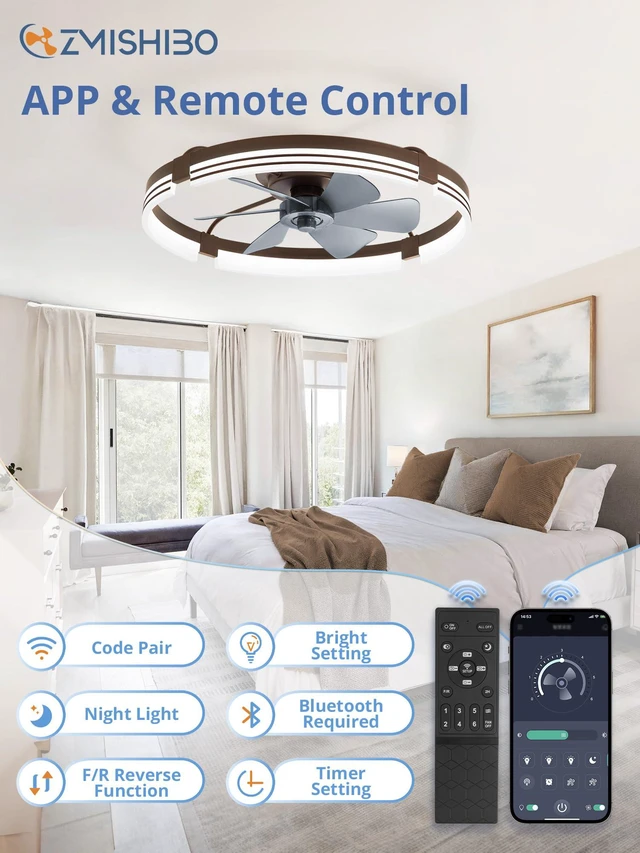 Alt view image 5 of 7 - Low Profile Ceiling Fans with Lights and Remote, 24" Brown 3000K-6000K Dimmable Fandelier LED, Flush Mount, 6 Wind Speeds, Reversible, Timer, Bedroom, Living Room, Kitchen, Kids Room