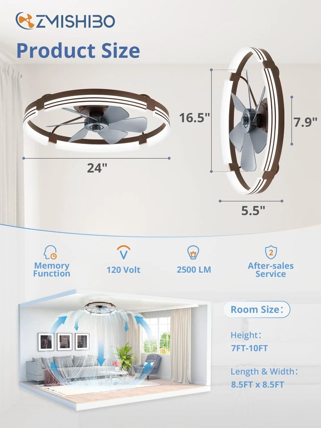 Alt view image 6 of 7 - Low Profile Ceiling Fans with Lights and Remote, 24" Brown 3000K-6000K Dimmable Fandelier LED, Flush Mount, 6 Wind Speeds, Reversible, Timer, Bedroom, Living Room, Kitchen, Kids Room