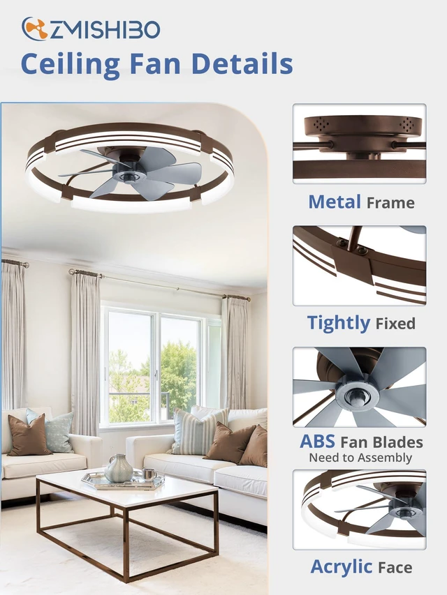 Alt view image 7 of 7 - Low Profile Ceiling Fans with Lights and Remote, 24" Brown 3000K-6000K Dimmable Fandelier LED, Flush Mount, 6 Wind Speeds, Reversible, Timer, Bedroom, Living Room, Kitchen, Kids Room