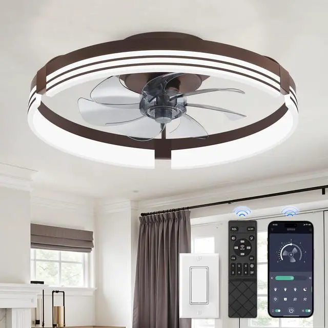 Main image of Low Profile Ceiling Fans with Lights and Remote, 20" Brown 3000K-6000K Dimmable Fandelier LED, Flush Mount, 6 Wind Speeds, Reversible, Timer, Bedroom, Living Room, Kitchen, Kids Room