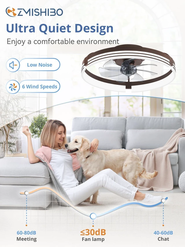 Alt view image 4 of 7 - Low Profile Ceiling Fans with Lights and Remote, 20" Brown 3000K-6000K Dimmable Fandelier LED, Flush Mount, 6 Wind Speeds, Reversible, Timer, Bedroom, Living Room, Kitchen, Kids Room