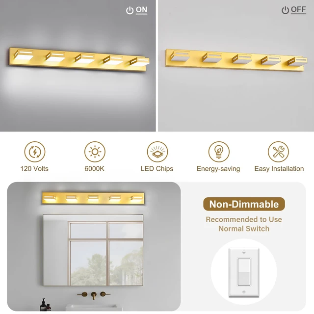 Alt view image 3 of 7 - LED Bathroom Vanity Light Fixtures, 40-inch 5-Light Gold Rotatable Modern Vanity Lights for Bathroom Lighting Fixtures Over Mirror, 6000K Cool White Wall Light, No Assembly Needed