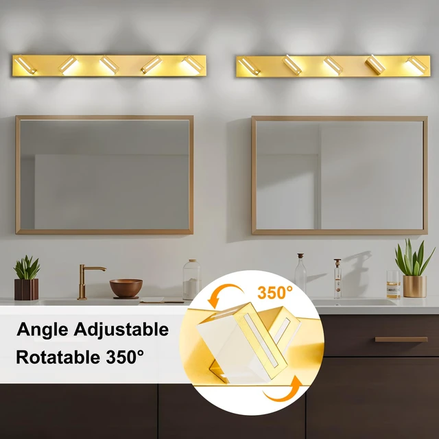 Alt view image 5 of 7 - LED Bathroom Vanity Light Fixtures, 40-inch 5-Light Gold Rotatable Modern Vanity Lights for Bathroom Lighting Fixtures Over Mirror, 6000K Cool White Wall Light, No Assembly Needed
