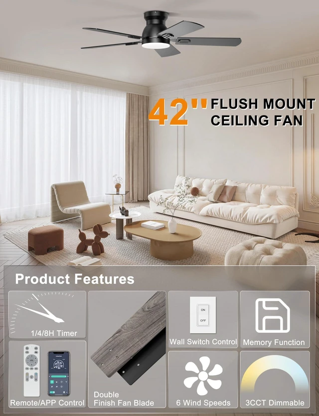 Alt view image 3 of 7 - 42'' Low Profile Ceiling Fan with Lights, Remote/APP Control, Black Flush Mount, Dimmable 3CCT LED, Quiet DC Motor; Memory Function, 4775 CFM, Small Ceiling Fan for Indoor Bedroom Kitchen
