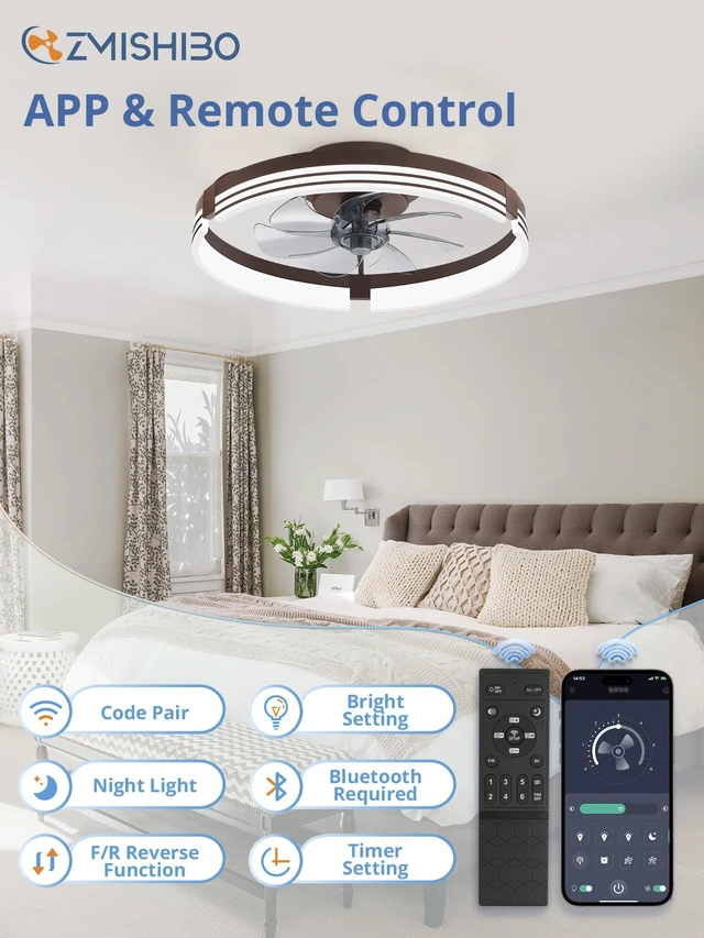 Alt view image 5 of 7 - Low Profile Ceiling Fans with Lights and Remote, 20" Brown 3000K-6000K Dimmable Fandelier LED, Flush Mount, 6 Wind Speeds, Reversible, Timer, Bedroom, Living Room, Kitchen, Kids Room