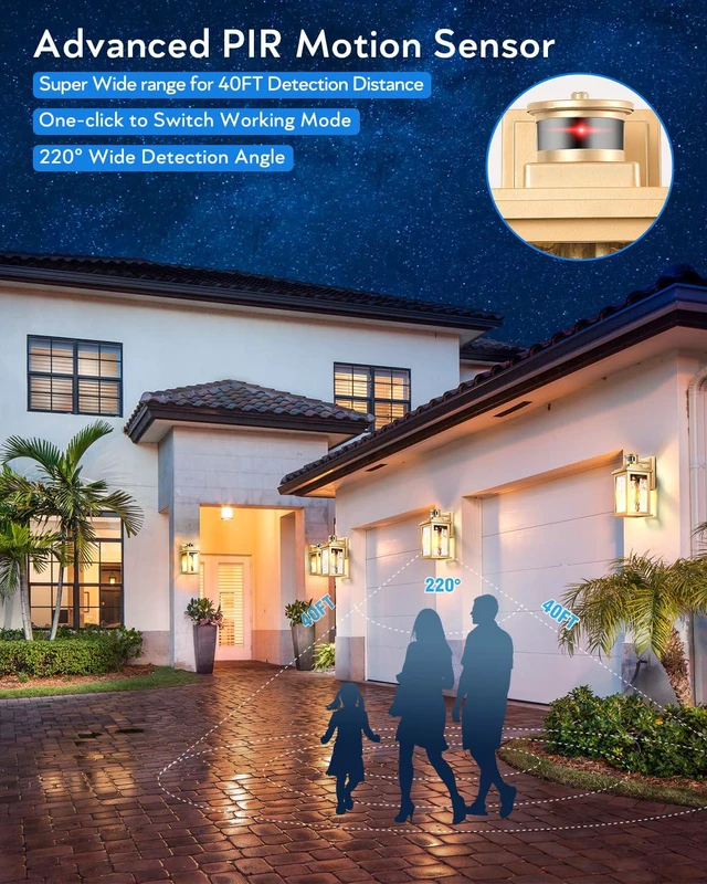 Alt view image 4 of 7 - Motion Sensor Porch Lights, Outdoor Light Fixtures Wall Mount Dusk to Dawn, Gold Waterproof Exterior Lights for House, Outdoor Wall Lights for House, Doorway, Patio, Anti-Rust (Pack of 2)