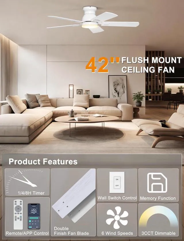 Alt view image 3 of 7 - 42'' Low Profile Ceiling Fan with Lights, Remote/APP Control, White Flush Mount, Dimmable 3CCT LED, Quiet DC Motor; Memory Function, 4775 CFM, Small Ceiling Fan for Indoor Bedroom Kitchen