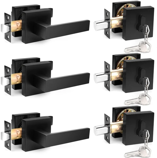 Main image of Flat Black Passage Door Lever with Single Cylinder Deadbolts Combo Pack, Modern Square Lock Set Handleset,Exterior Door Handle and Deadbolts Set,Exterior Door Lever Passage 3 Pack