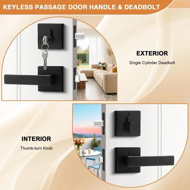 Alt view image 3 of 7 - Flat Black Passage Door Lever with Single Cylinder Deadbolts Combo Pack, Modern Square Lock Set Handleset,Exterior Door Handle and Deadbolts Set,Exterior Door Lever Passage 2 Pack