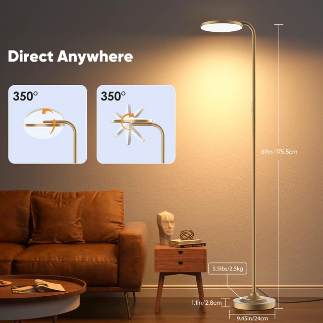 Alt view image 4 of 7 - 36W LED Floor Lamp, Super Bright Standing Lamp, Modern Stepless Dimmable Torchiere Tall Lamp with Remote Control, 350°Rotating Head Reading Floor Lamp for Living Room, Bedroom, Office
