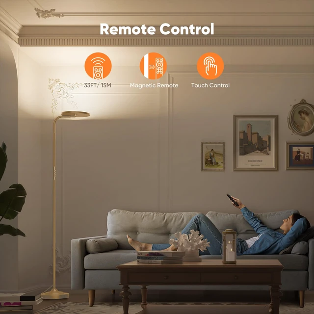 Alt view image 5 of 7 - 36W LED Floor Lamp, Super Bright Standing Lamp, Modern Stepless Dimmable Torchiere Tall Lamp with Remote Control, 350°Rotating Head Reading Floor Lamp for Living Room, Bedroom, Office