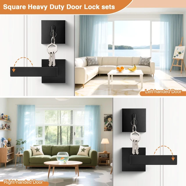 Alt view image 5 of 7 - Flat Black Passage Door Lever with Single Cylinder Deadbolts Combo Pack, Modern Square Lock Set Handleset,Exterior Door Handle and Deadbolts Set,Exterior Door Lever Passage 2 Pack