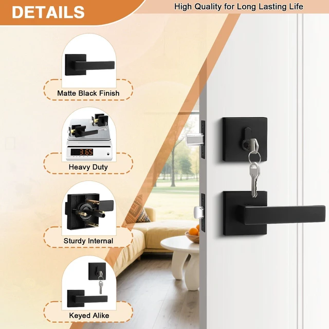 Alt view image 4 of 7 - Flat Black Passage Door Lever with Single Cylinder Deadbolts Combo Pack, Modern Square Lock Set Handleset,Exterior Door Handle and Deadbolts Set,Exterior Door Lever Passage 2 Pack