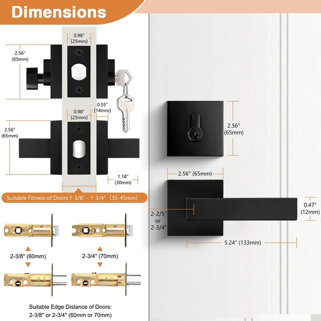 Alt view image 6 of 7 - Flat Black Passage Door Lever with Single Cylinder Deadbolts Combo Pack, Modern Square Lock Set Handleset,Exterior Door Handle and Deadbolts Set,Exterior Door Lever Passage 2 Pack