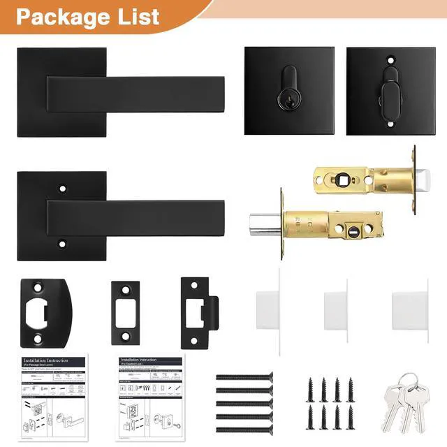 Alt view image 7 of 7 - Flat Black Passage Door Lever with Single Cylinder Deadbolts Combo Pack, Modern Square Lock Set Handleset,Exterior Door Handle and Deadbolts Set,Exterior Door Lever Passage 2 Pack