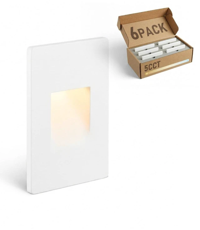 Main image of 6-Pack 5CCT 120V LED Step Lights, Vertical, White 150LM, 5%-100% Dimmable, CRI90, ETL, Indoor Outdoor Stair Lights, Wet Location, 2700K/3000K/3500K/4000K/5000K, Aluminum