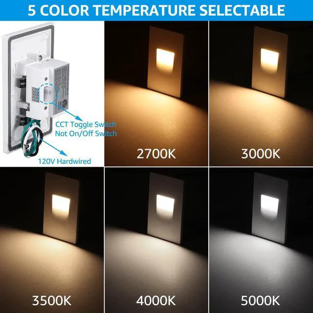 Alt view image 2 of 7 - 6-Pack 5CCT 120V LED Step Lights, Vertical, White 150LM, 5%-100% Dimmable, CRI90, ETL, Indoor Outdoor Stair Lights, Wet Location, 2700K/3000K/3500K/4000K/5000K, Aluminum