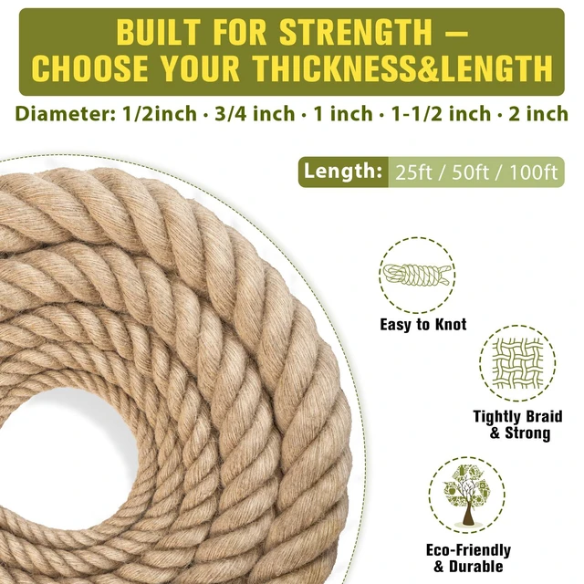 Alt view image 3 of 7 - Thick Jute Rope Heavy Duty - 2inch 25ft Natural Twisted Manila Hemp Ropes Indoor and Outdoor Decorative Kits for Crafts Porch Swing Nautical Tug of War Deer Hunting Landscaping