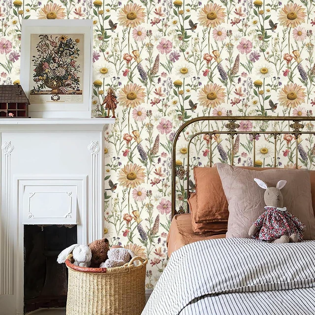 Alt view image 2 of 7 - Floral Peel and Stick Wallpaper for Bathroom 16.9inch x 590.5inch Floral Bird Contact Paper Vintage Flower Wallpaper Peel and Stick Self Adhesive Waterproof Flower Decorative Wall Paper Vinyl